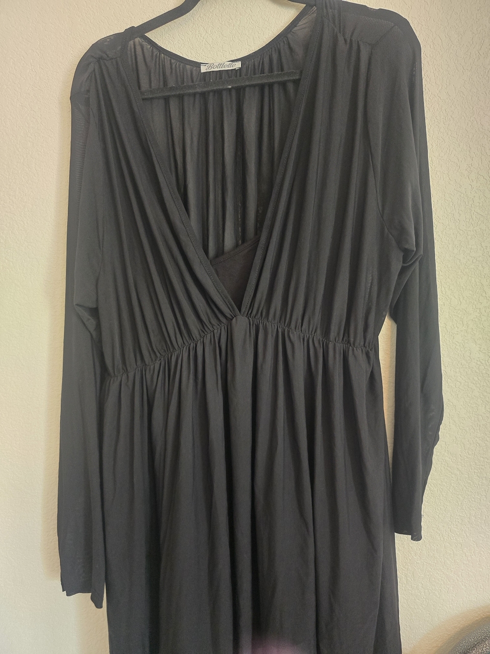 Black Long-Sleeve Sheer V-Neck Gathered Waist Dress/top W Conneted Bodysuit 3x